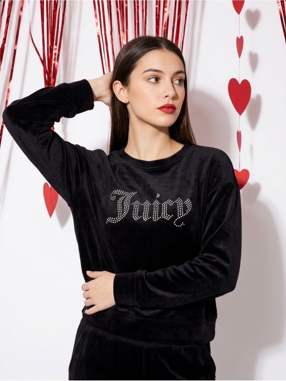 Juicy Couture Women Large Black Velour Rhinestone Logo Sweatshirt Long Travel